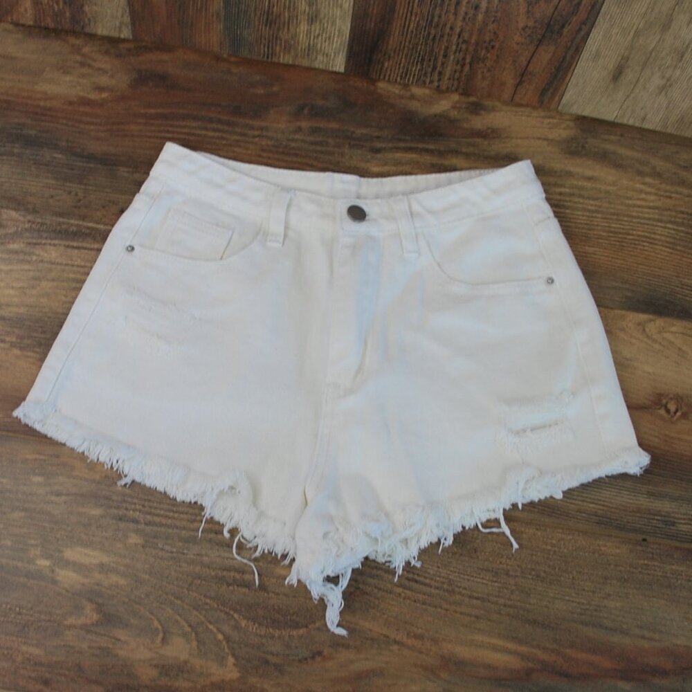 Shein Women's White Jean Denim Shorts High Waist Distressed XS